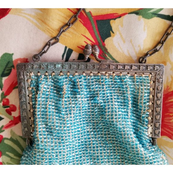 RARE Antique Vintage Victorian Purse Beaded Purse Micro Beads Aquamarine - Picture 2 of 5